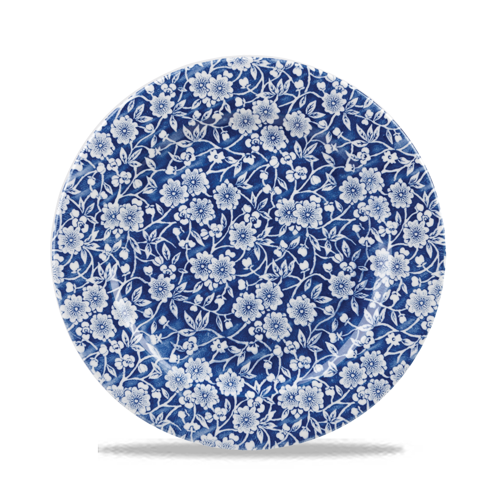 Blauer Teller mit Blumenmuster.
