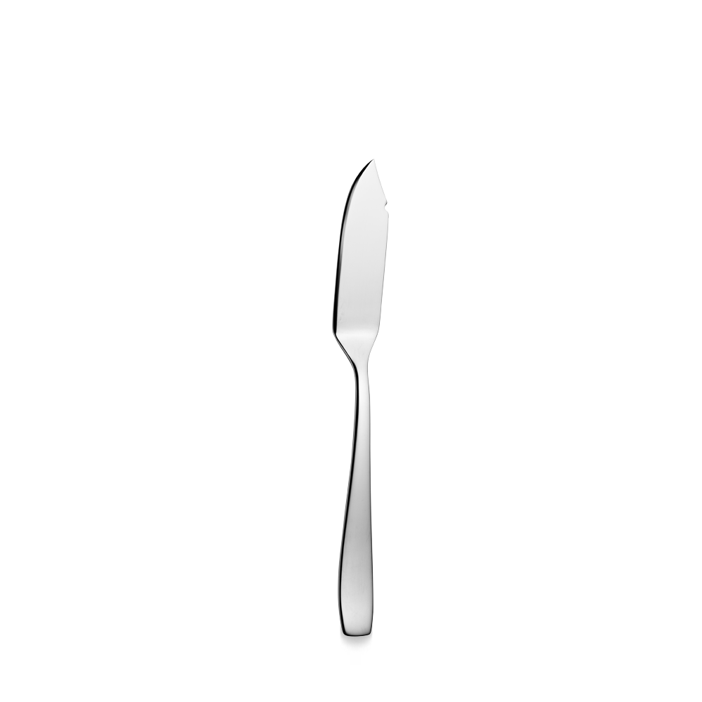 Silbernes Fischmesser auf weißem Hintergrund.