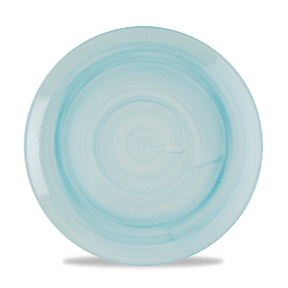 Blauer Teller mit spiralförmigem Muster.