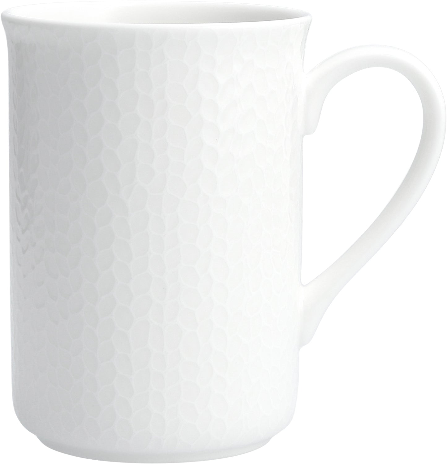 Weiße Tasse mit Strukturmuster.