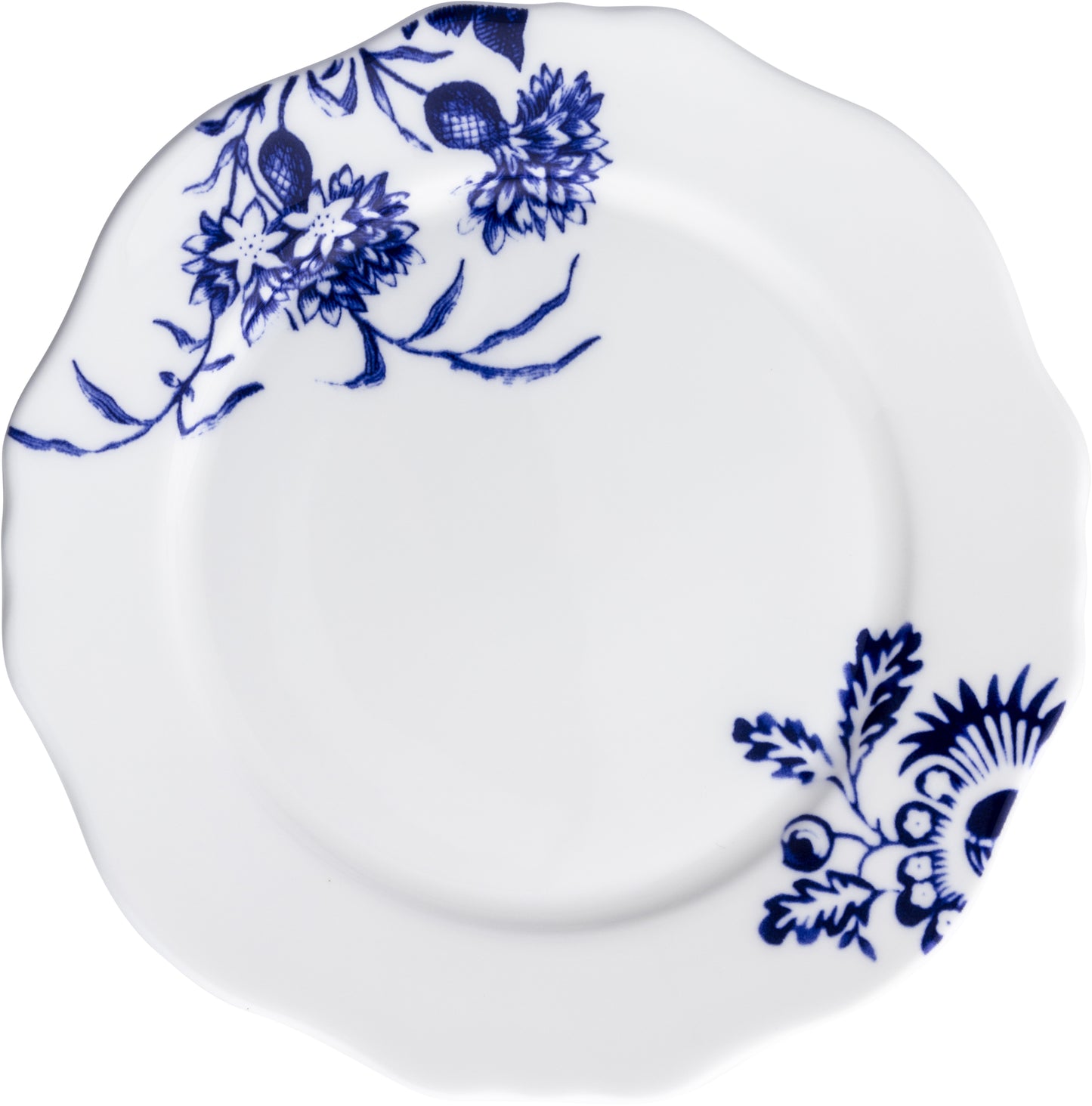 Weißer Teller mit blauem Muster.
