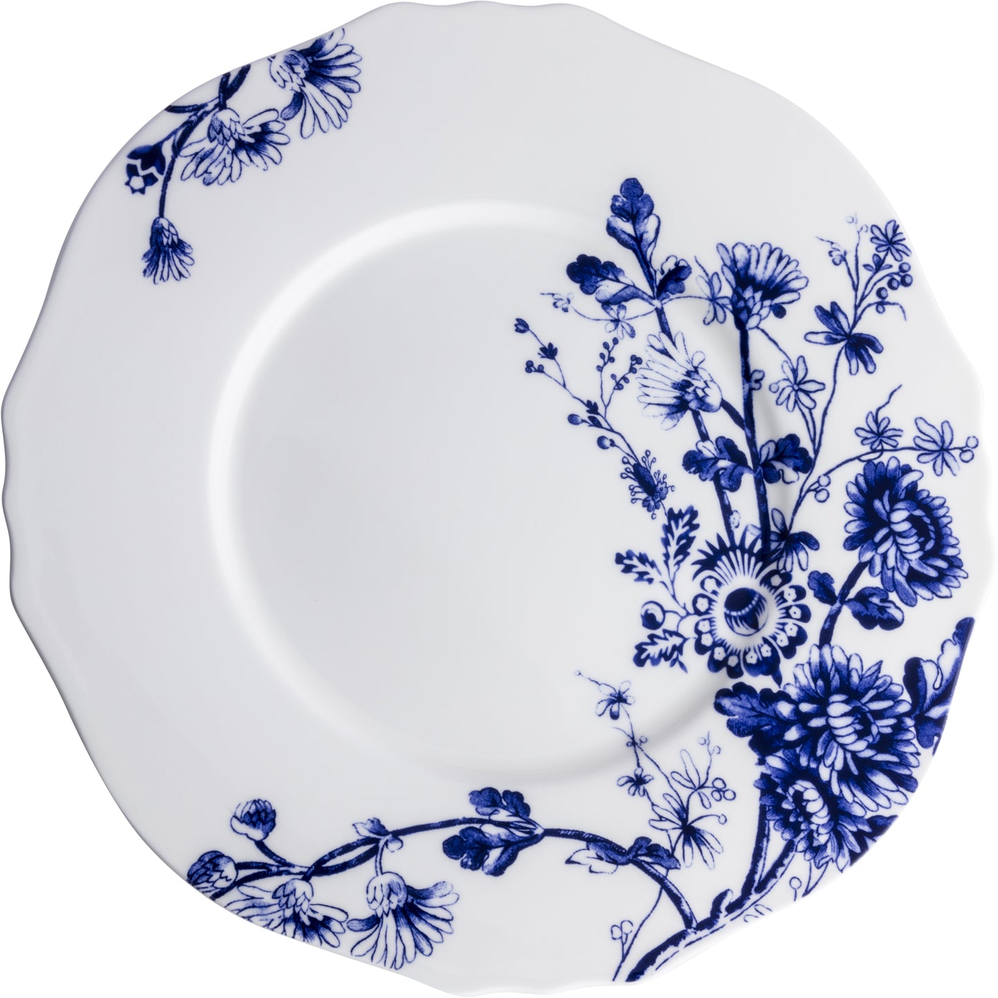 Weißer Teller mit blauem Muster.