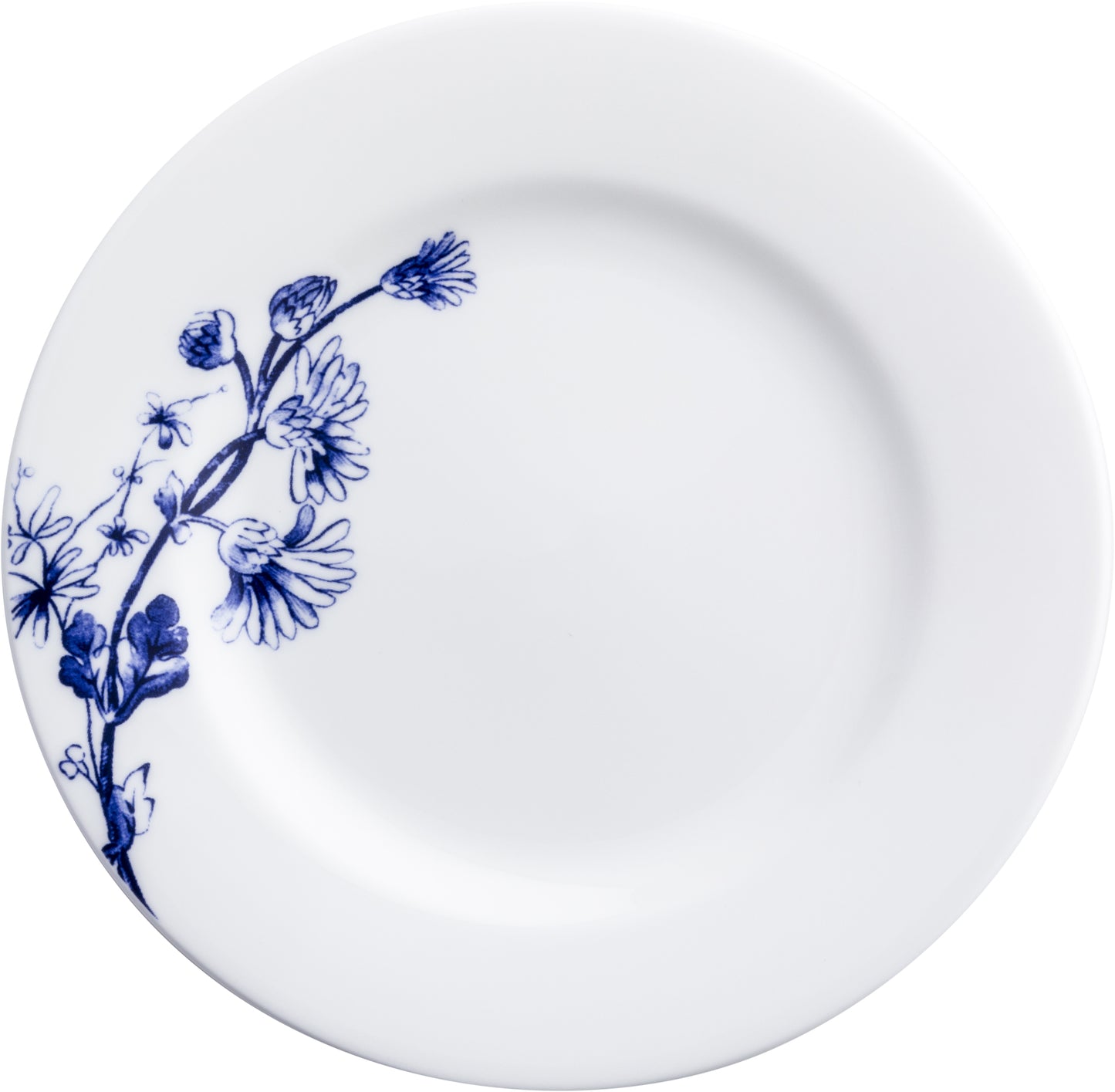 Weißer Teller mit blauem Muster.