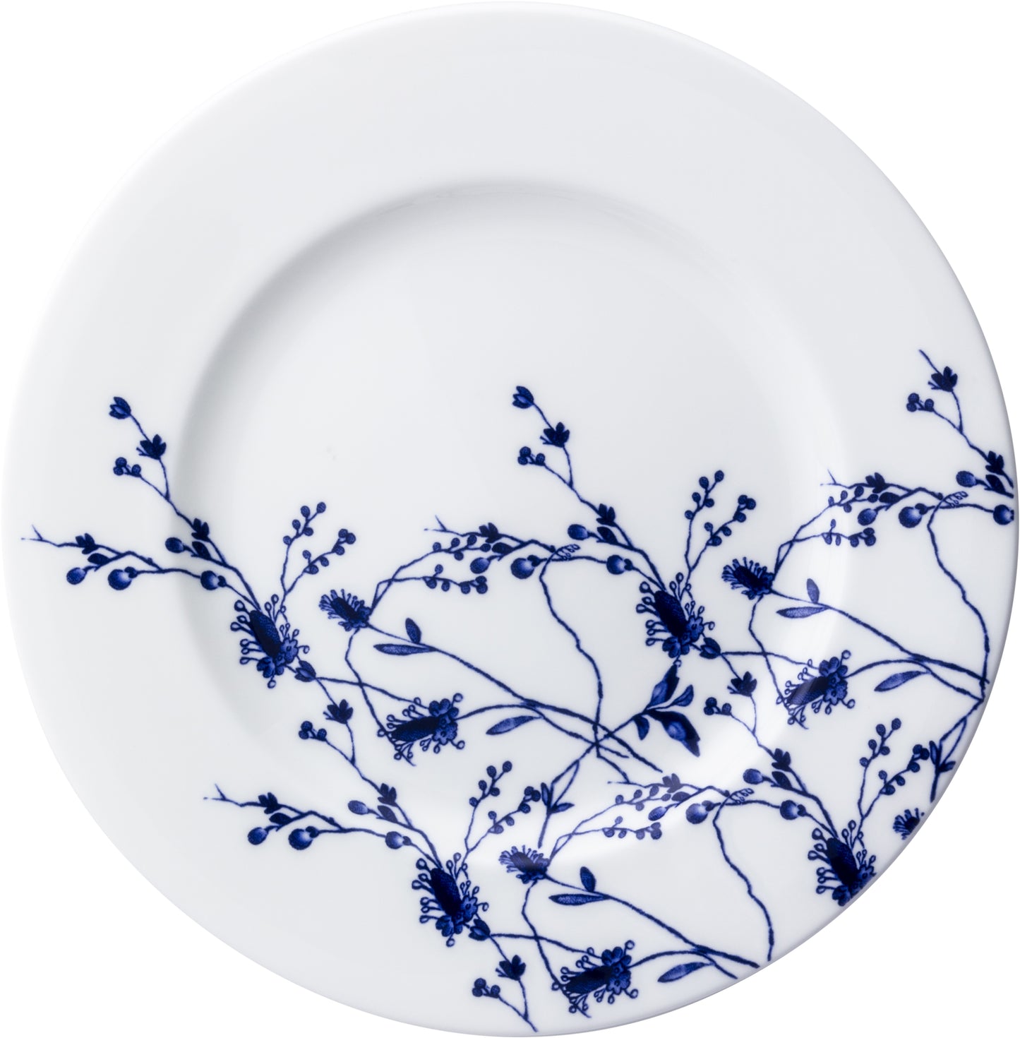 Weißer Teller mit blauem Muster.