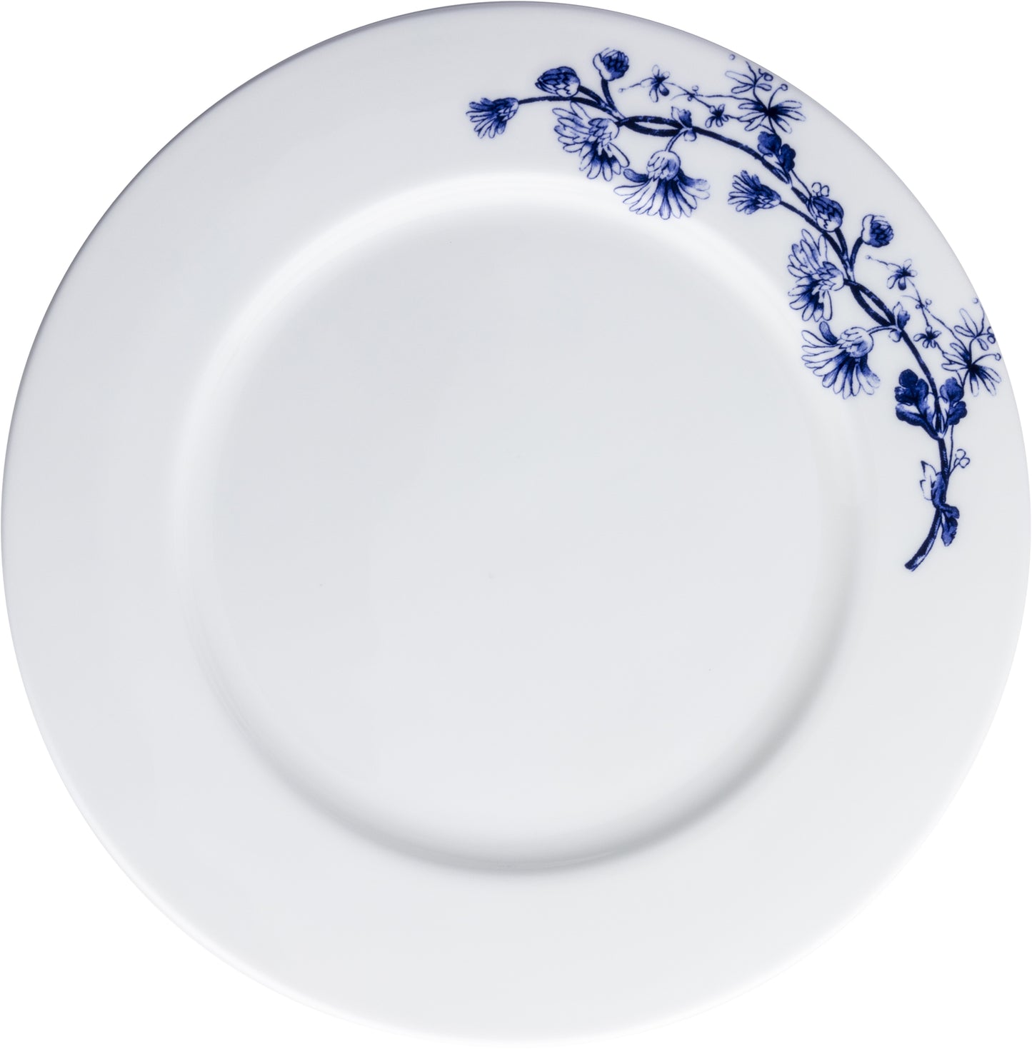 Weißer Teller mit blauem Muster.