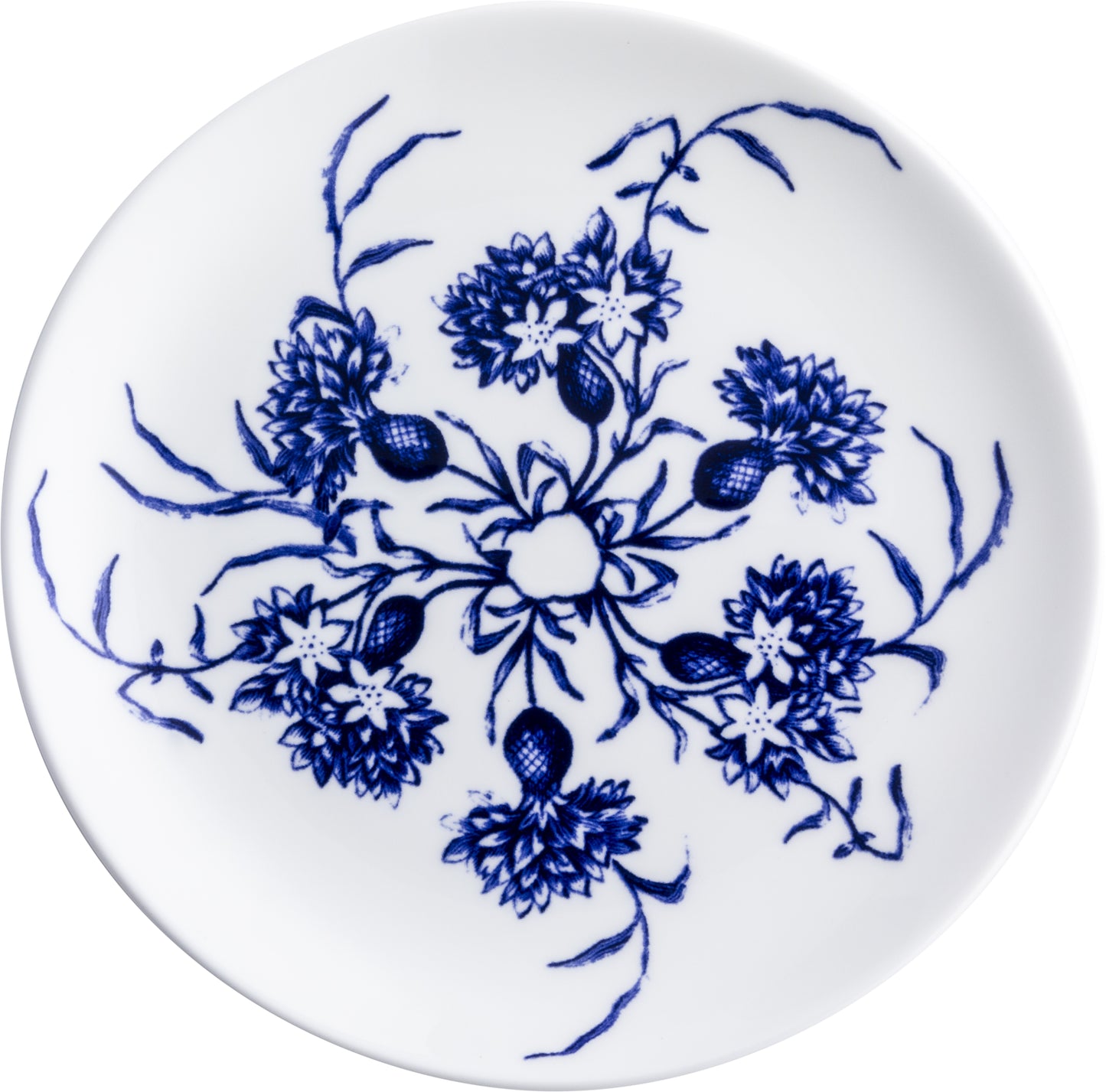 Teller mit blauem Blumenmuster.
