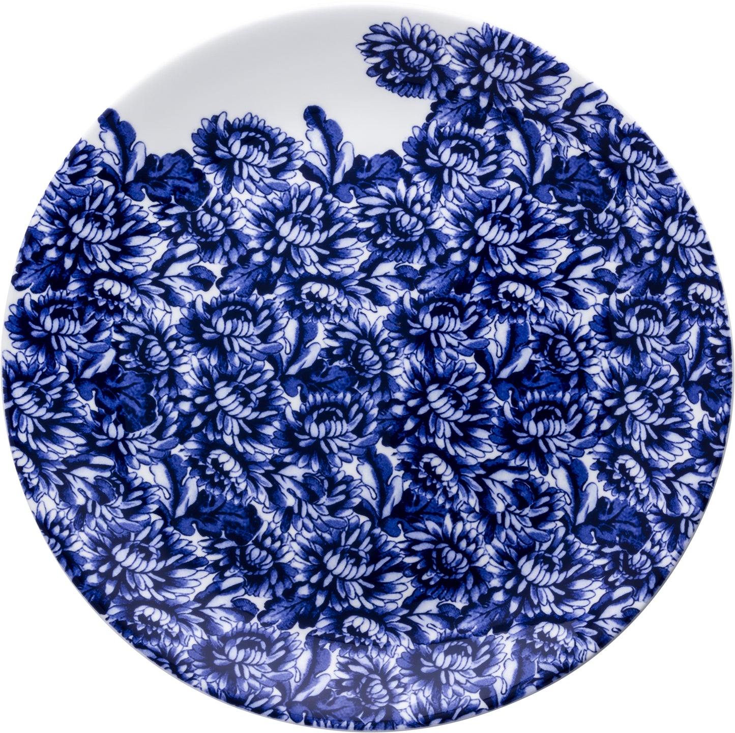 Blau-weiß gemusterter Porzellanteller.