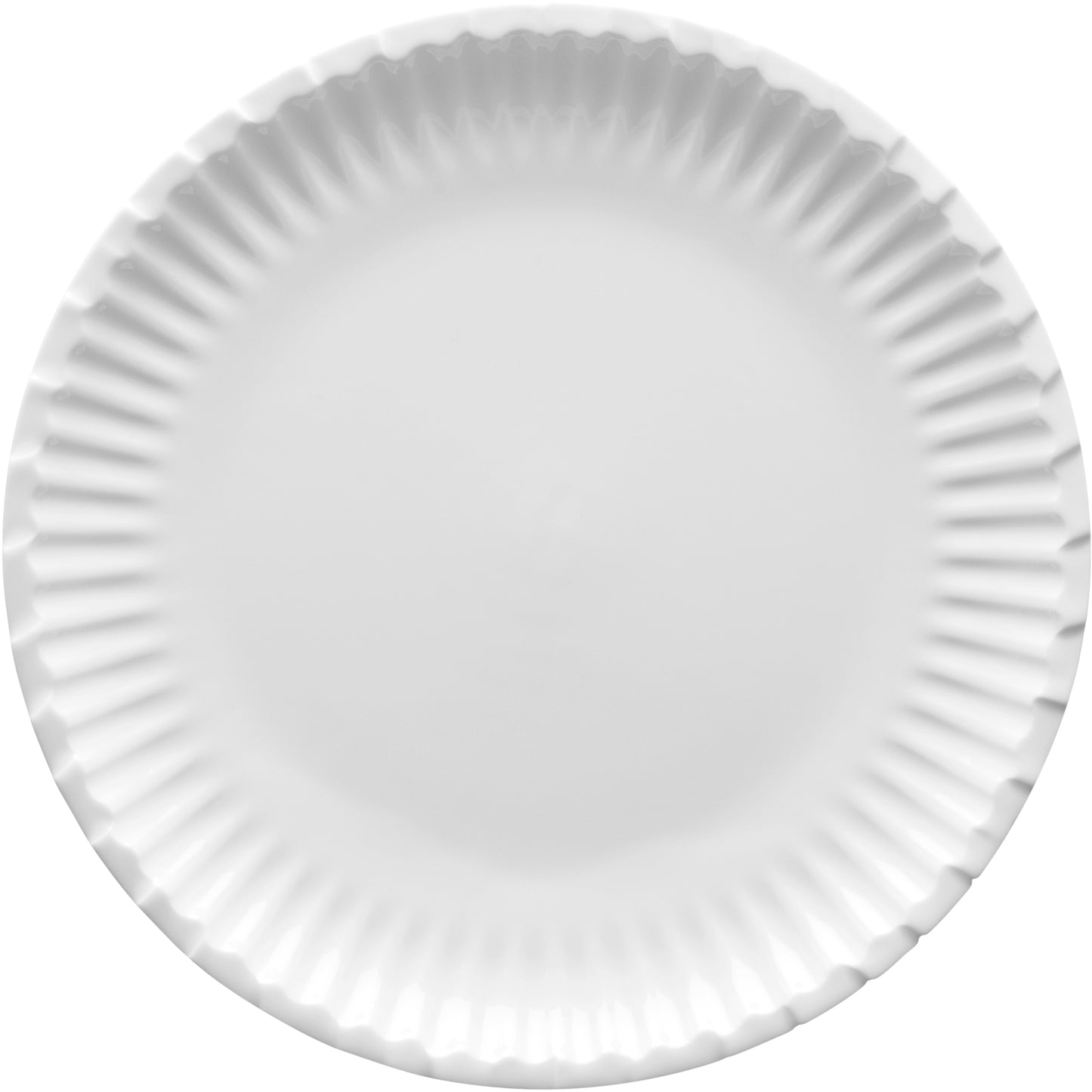 Weißer Pappteller mit Rillen.
