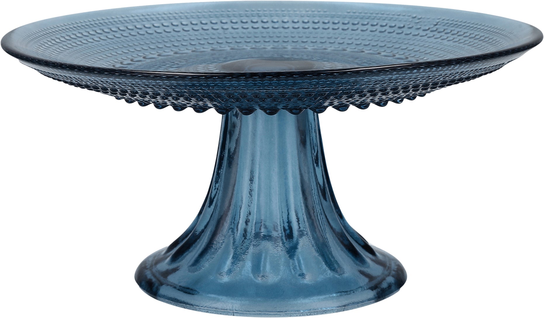 Blauer Glas-Tortenständer mit Muster.