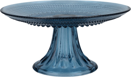 Blauer Glas-Tortenständer mit Muster.