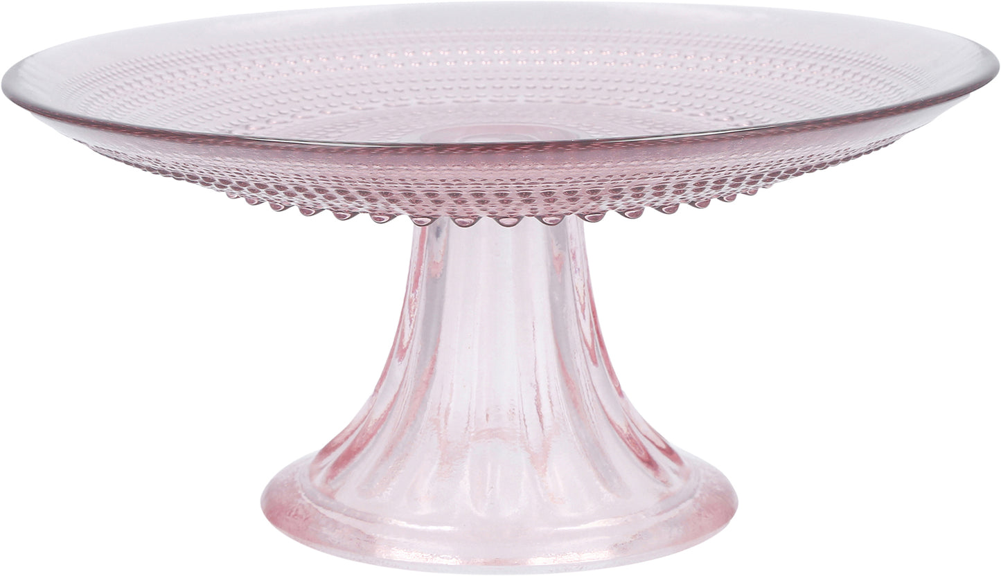 Rosa Glas-Tortenplatte mit Muster.