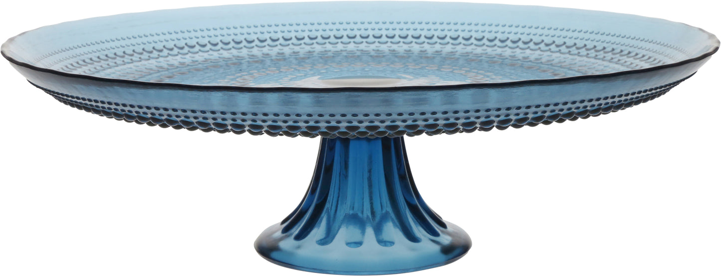 Blauer Glas-Tortenständer mit Muster.