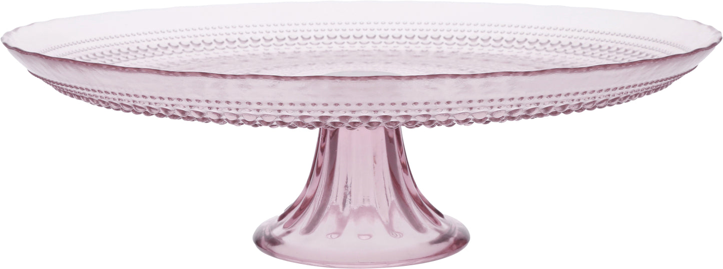 Rosa Glas-Tortenplatte mit Muster.
