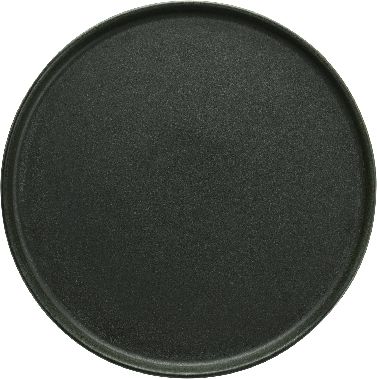 Schwarzer runder Teller, schlichtes Design.