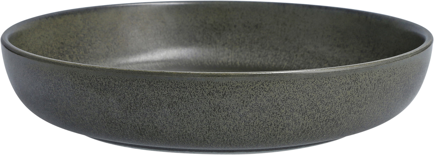 Graue, runde Schale aus Keramik.