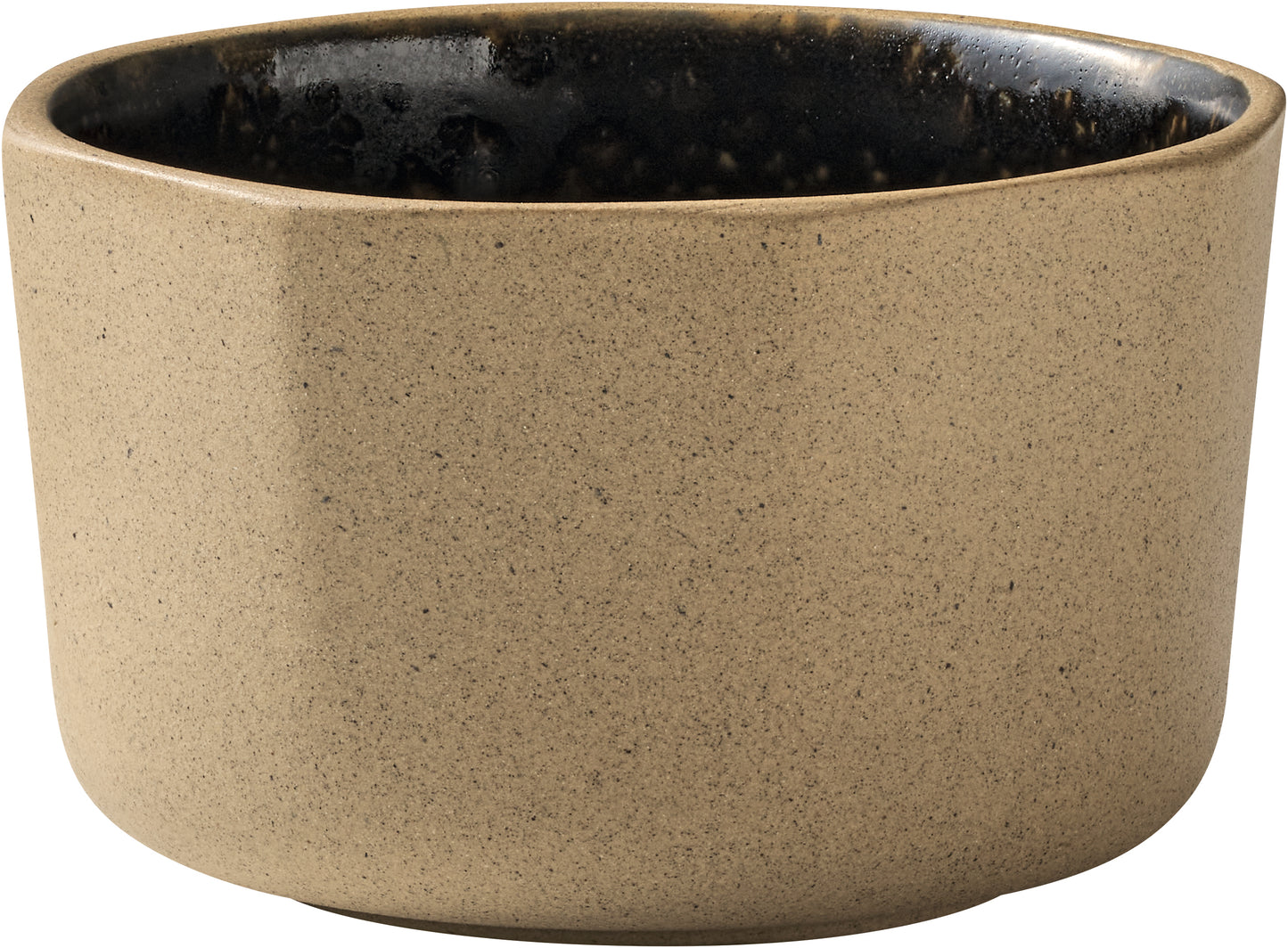 Beige Schale mit dunklem Rand.