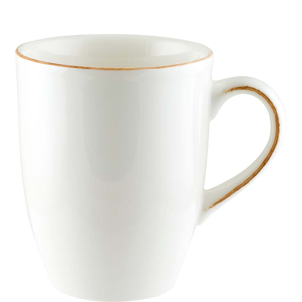 Weiße Tasse mit Henkel.