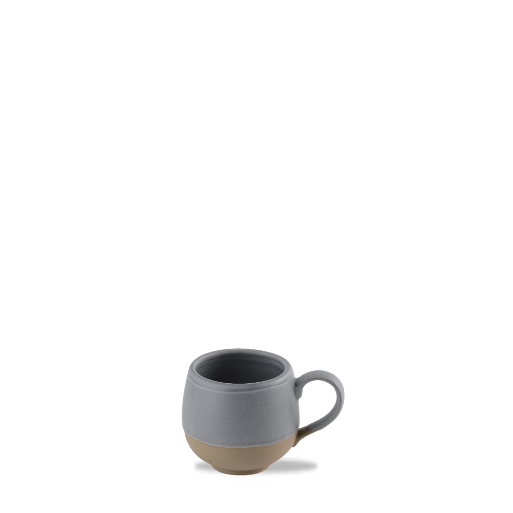 Graue Tasse mit Henkel.