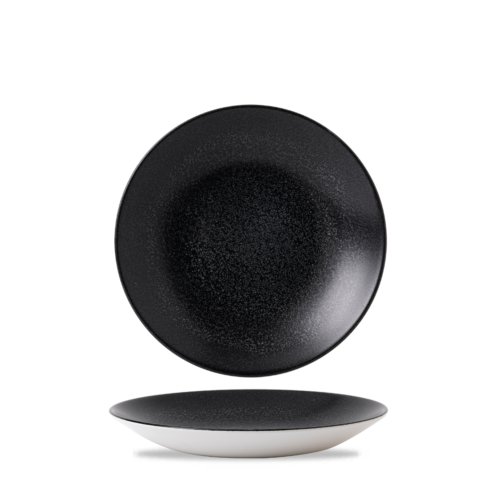 Zwei schwarze Teller, minimalistisch gestaltet.