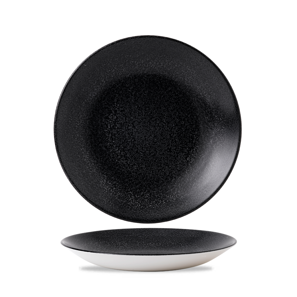 Zwei schwarze Teller, schlichtes Design.