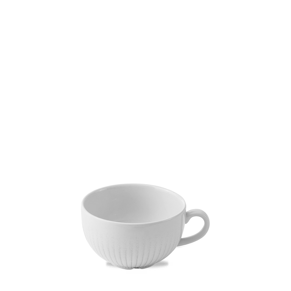 Weiße Tasse auf weißem Hintergrund.