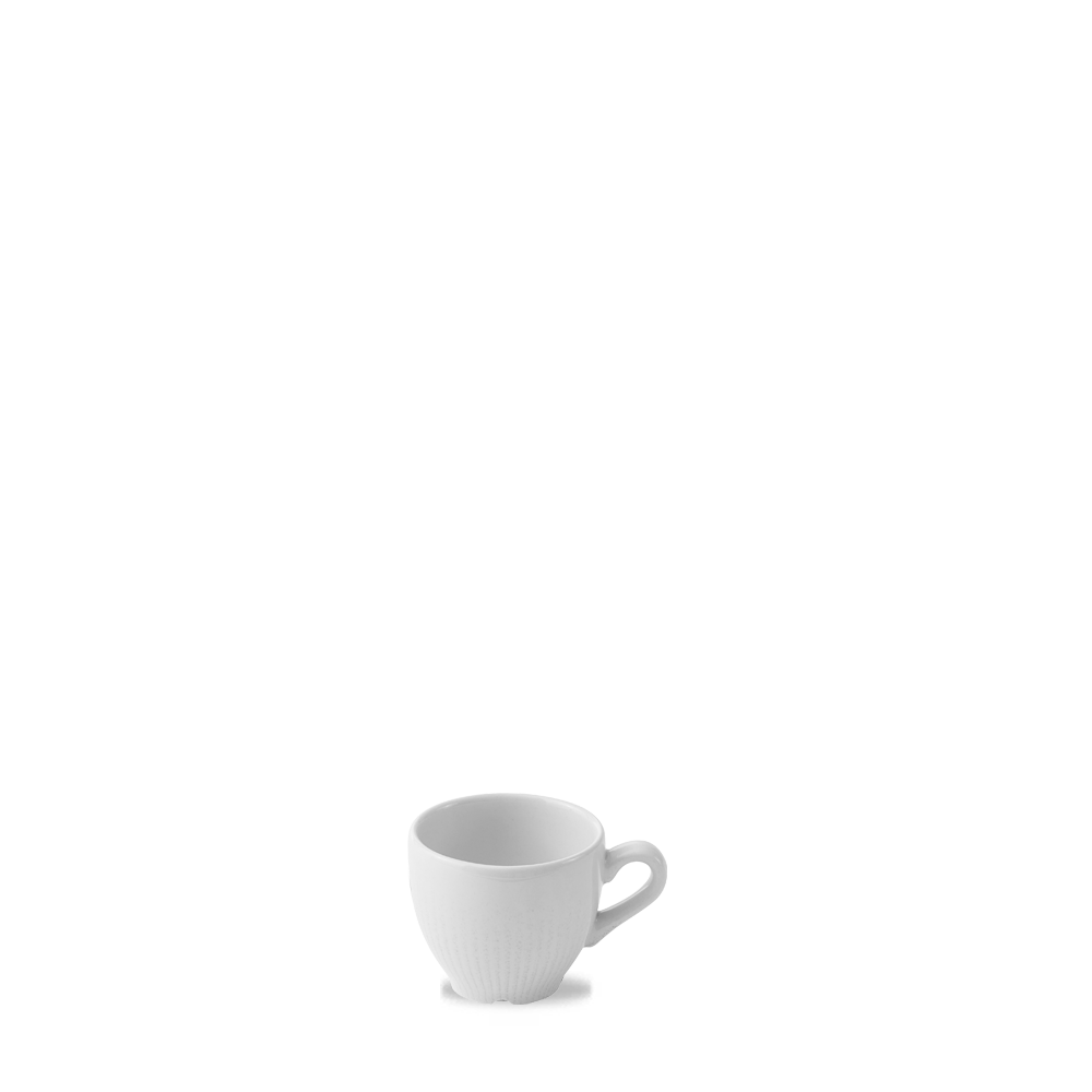 Weiße Kaffeetasse auf weißem Hintergrund.