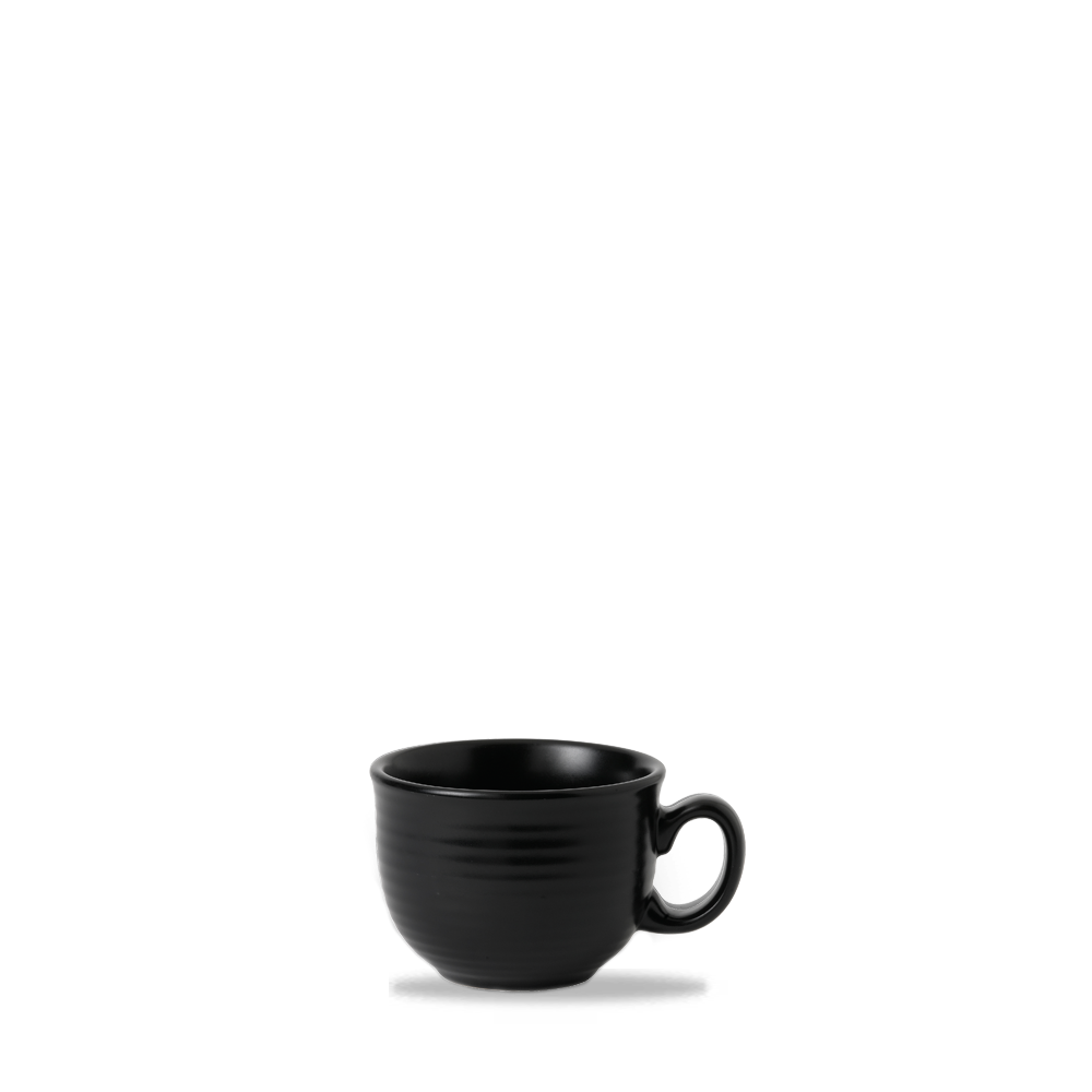 Schwarze Tasse auf weißem Hintergrund.
