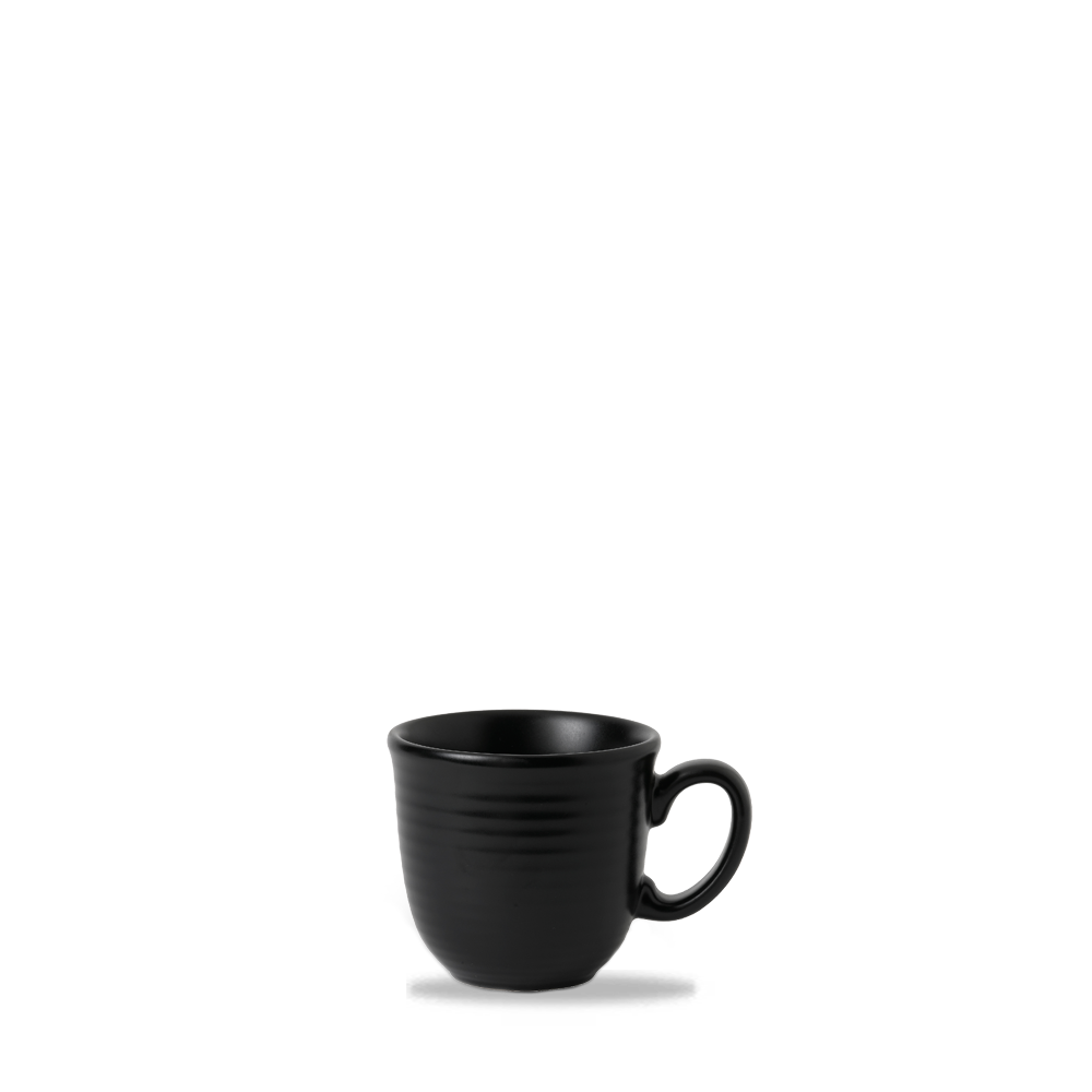 Schwarze Tasse auf weißem Hintergrund.