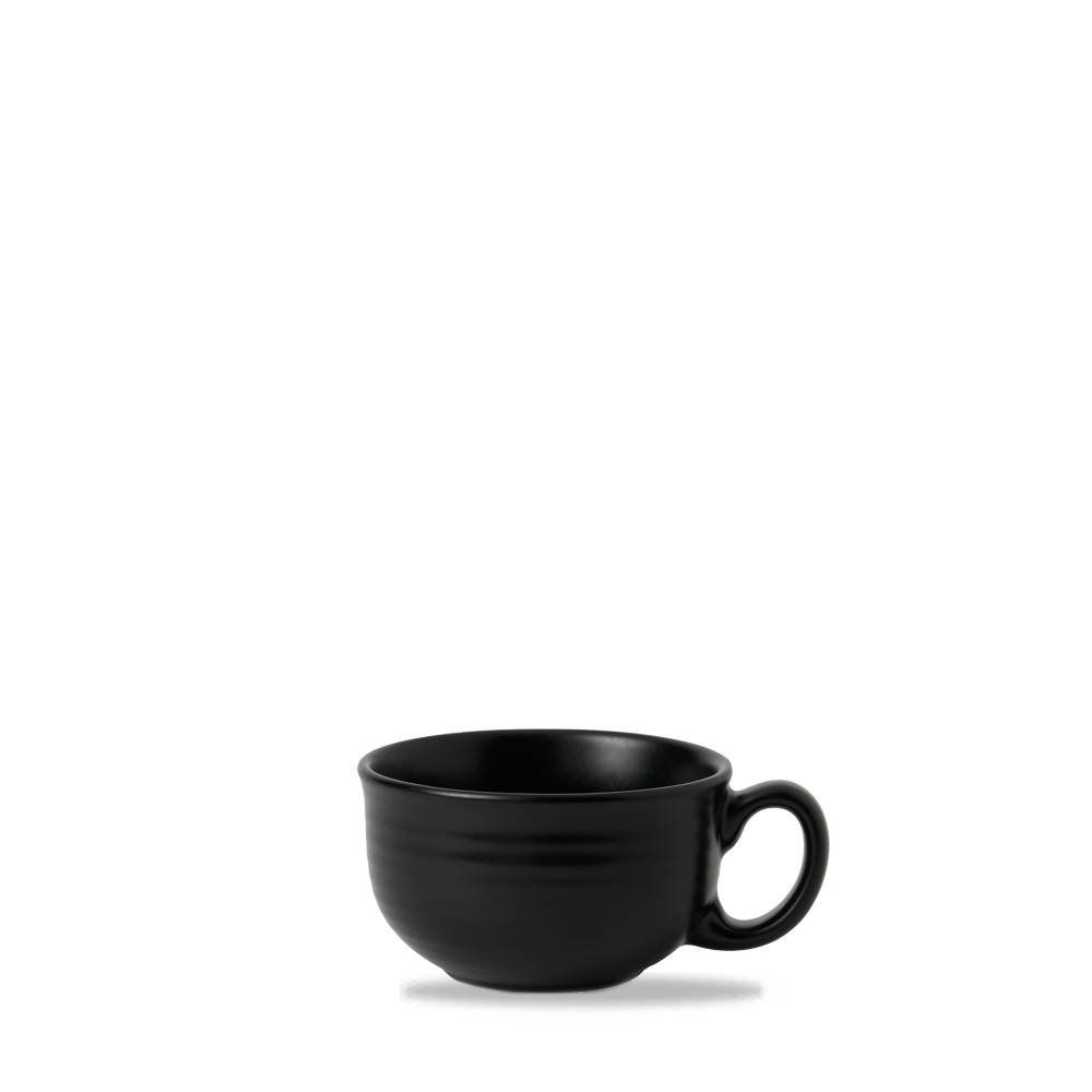 Schwarze Tasse auf weißem Hintergrund.