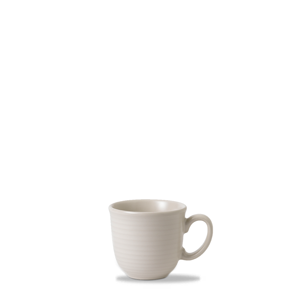 Weiße Tasse auf weißem Hintergrund.