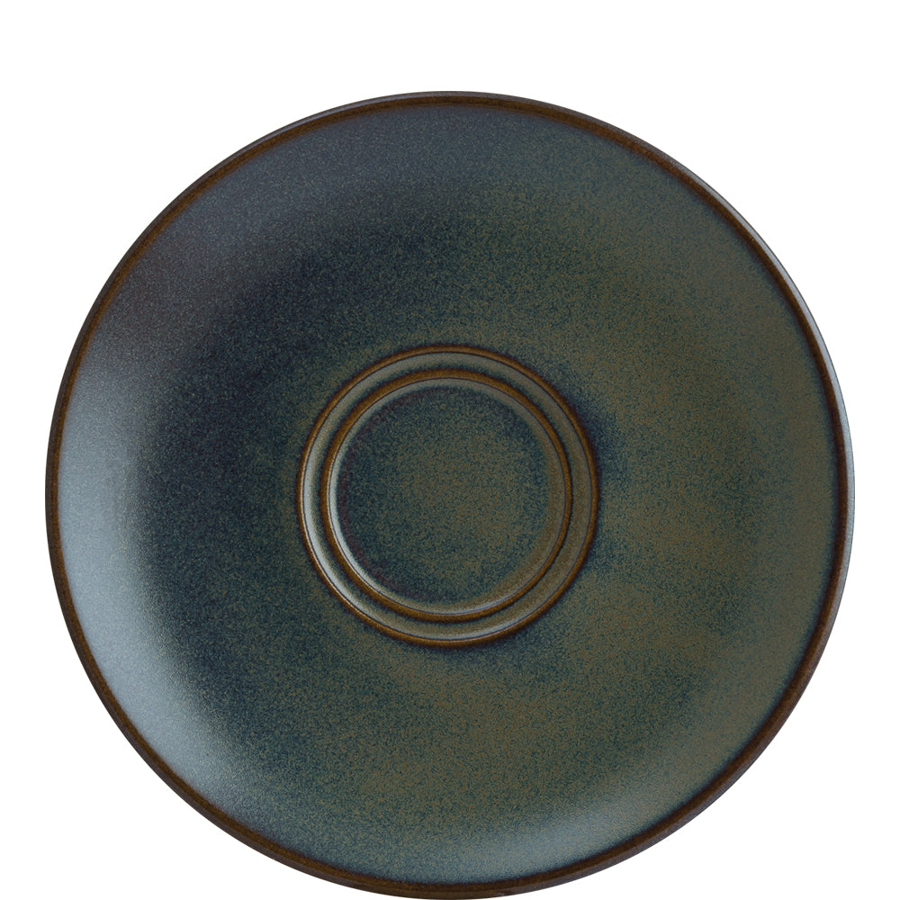 Dunkler, runder Keramikteller, obenansicht.