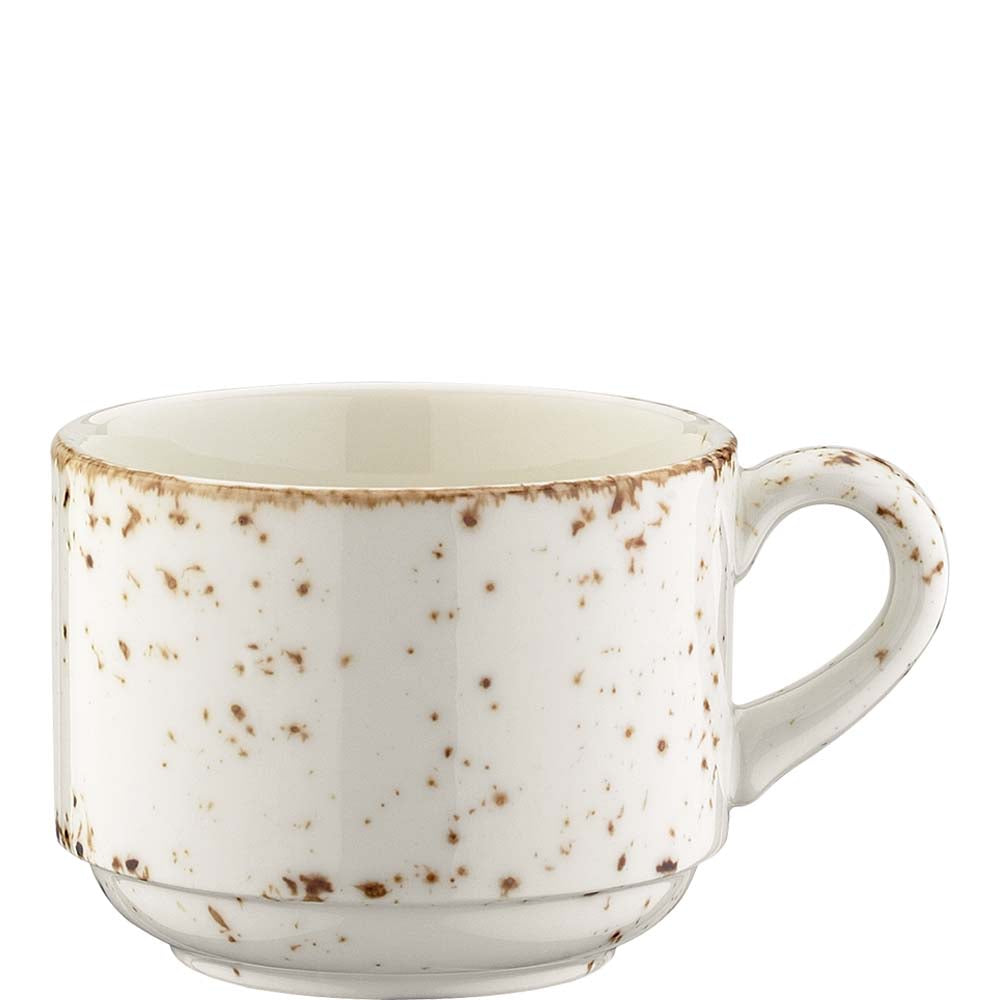Keramiktasse mit gesprenkeltem Design.