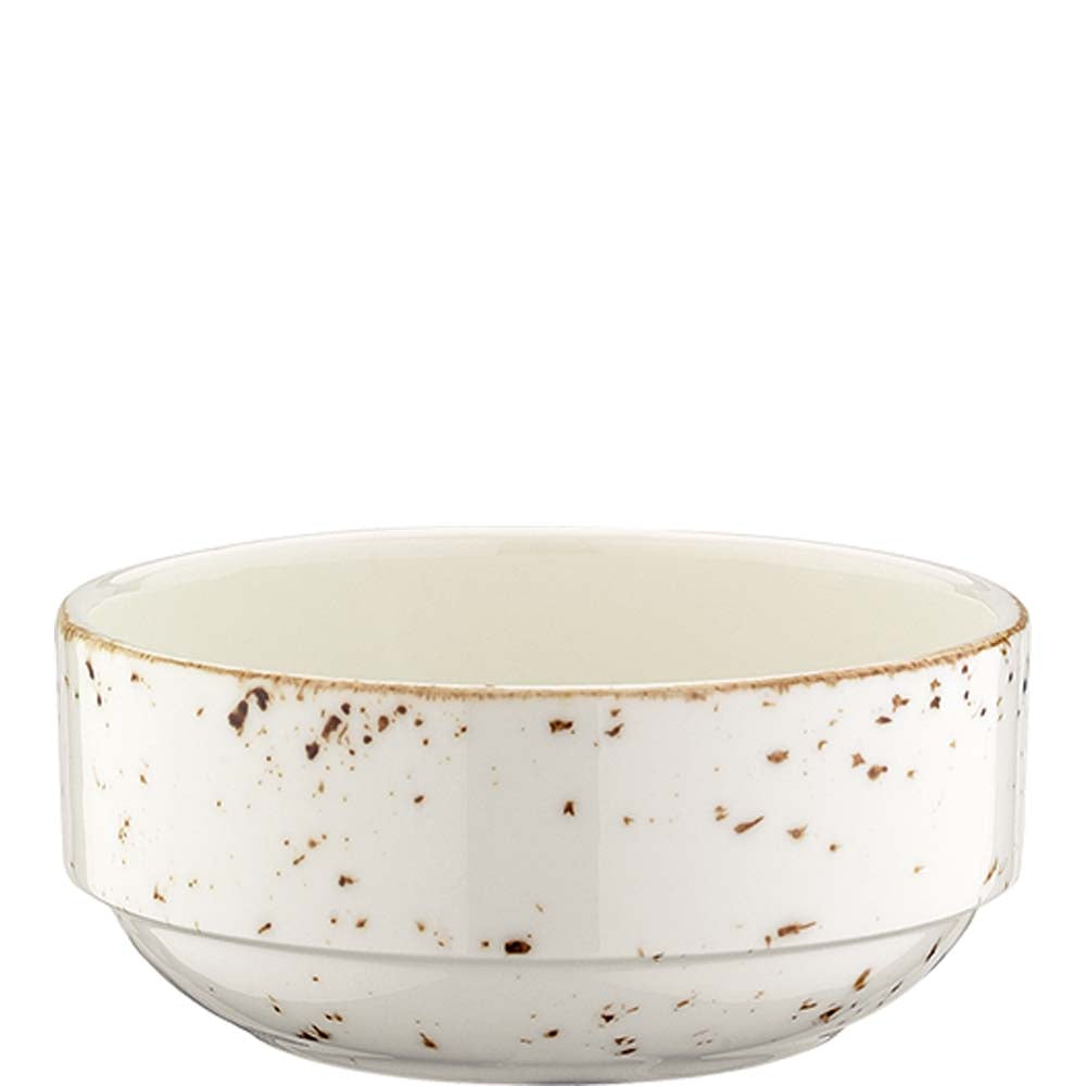 Weiße, gesprenkelte Keramikschüssel.