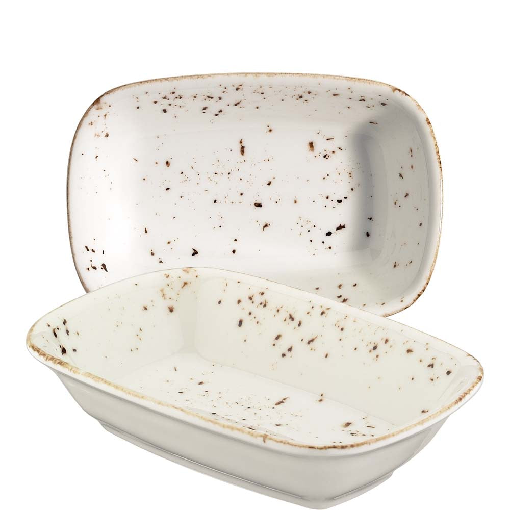 Zwei rechteckige, gesprenkelte Schalen.