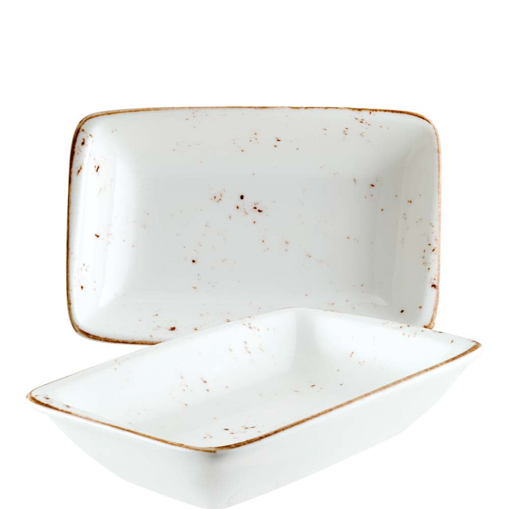 Zwei rechteckige, gesprenkelte Teller.