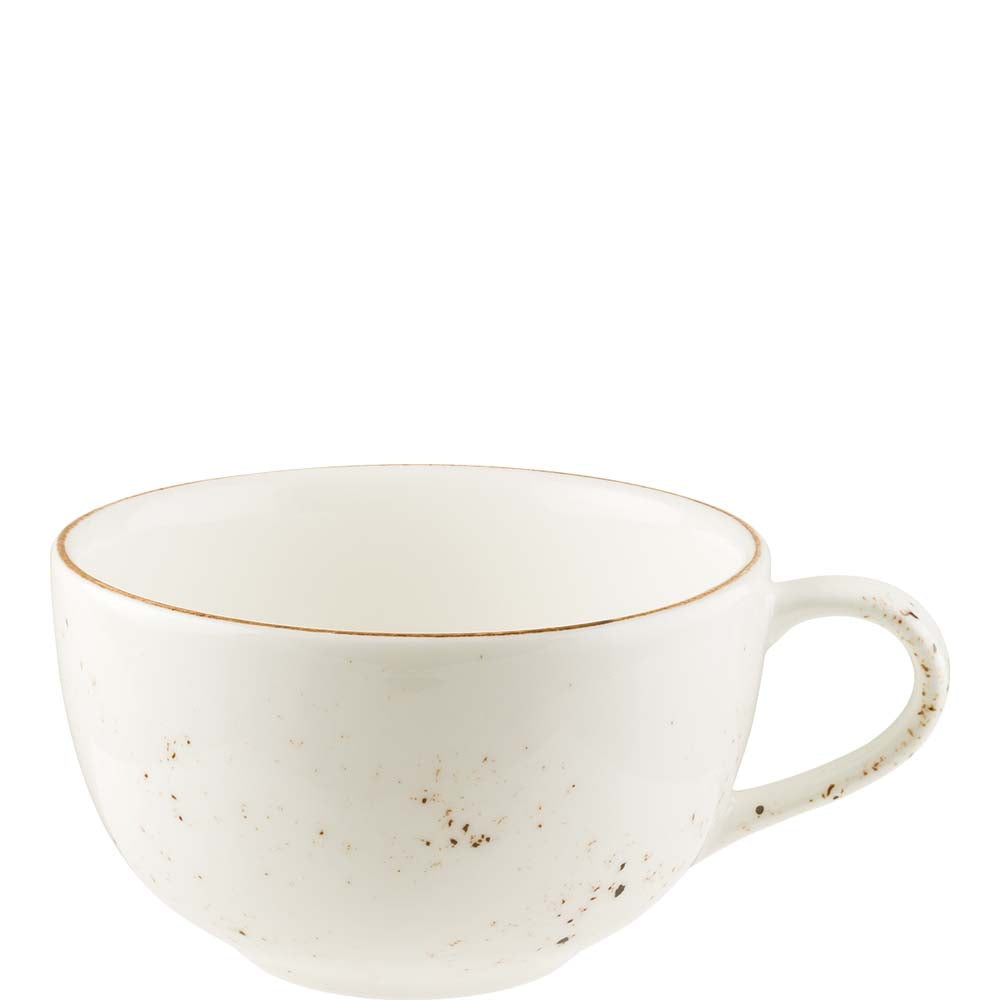 Weiße, gesprenkelte Kaffeetasse.
