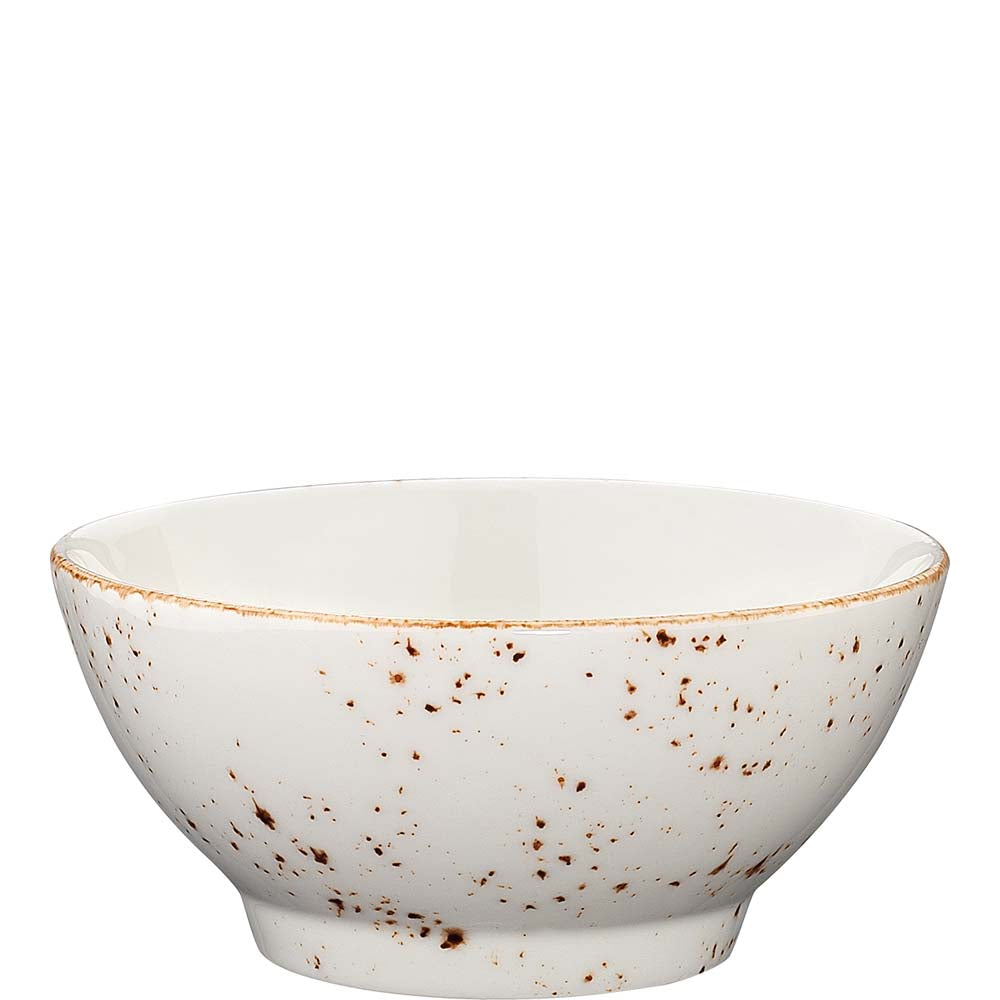 Weiße Schale mit braunen Sprenkeln.