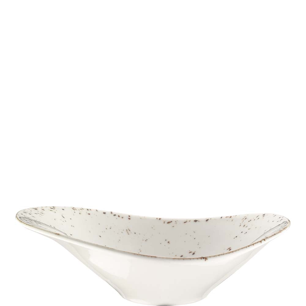 Weißer, gesprenkelter, ovaler Teller.