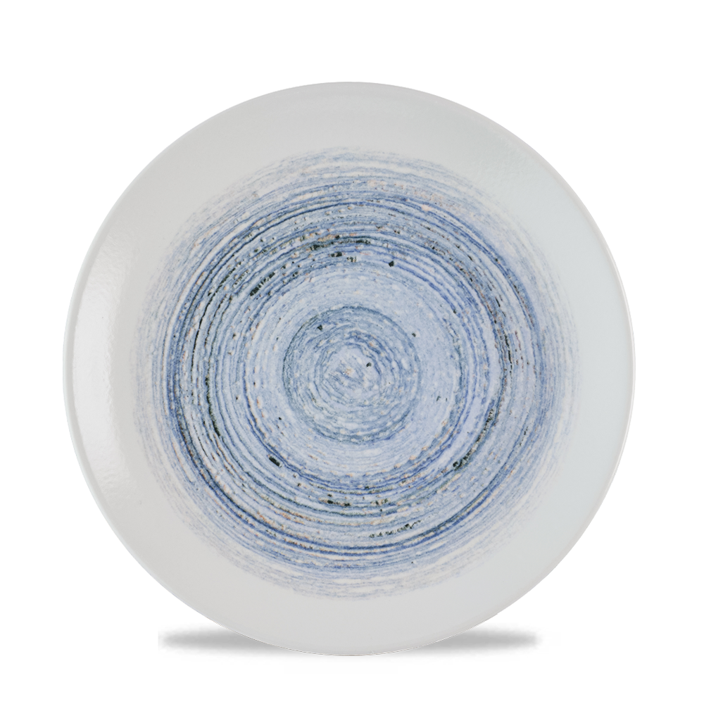 Teller mit blauem Kreisdesign.
