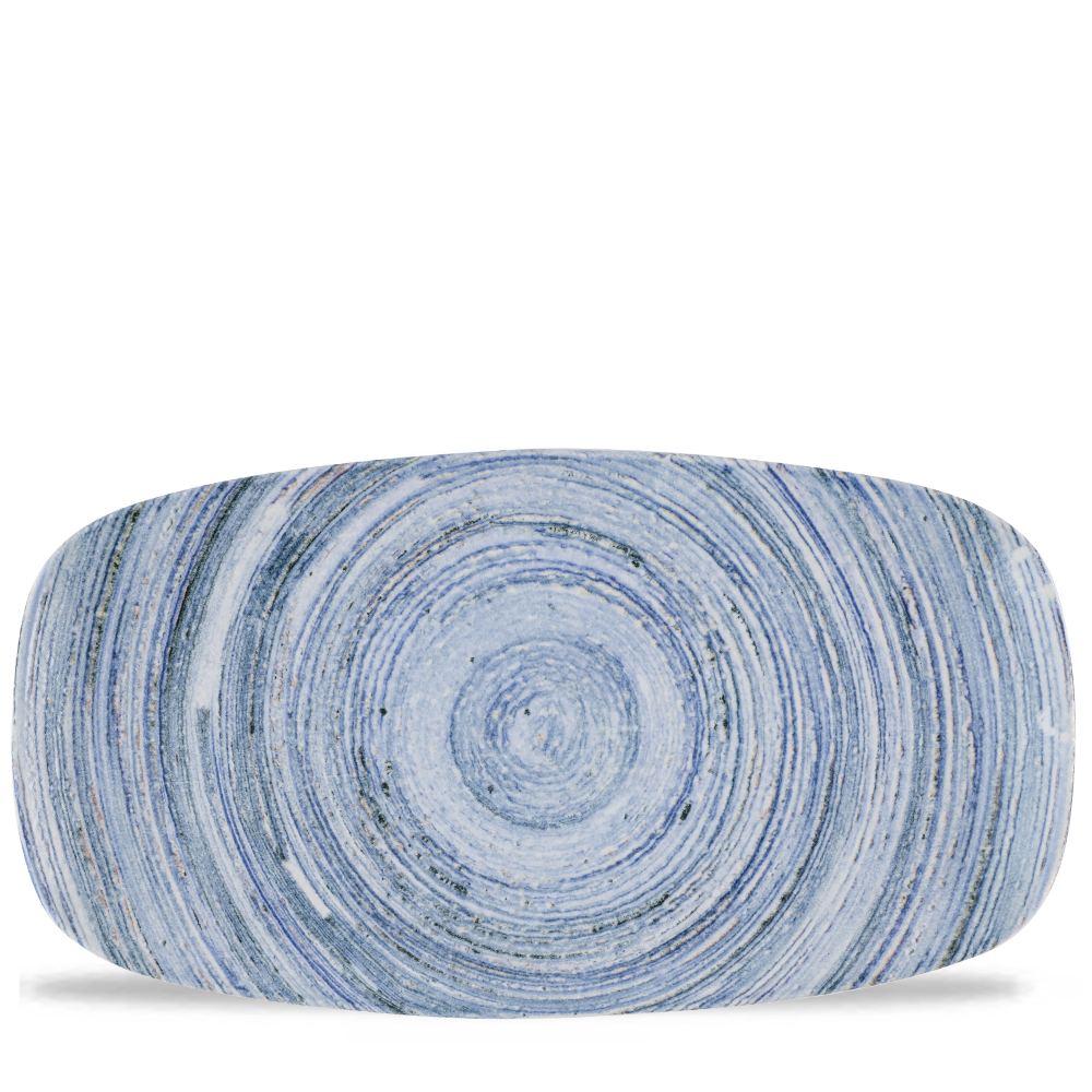 Blauer, runder, spiralförmiger Teller.