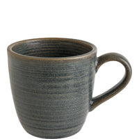 Graue Keramiktasse mit Henkel.