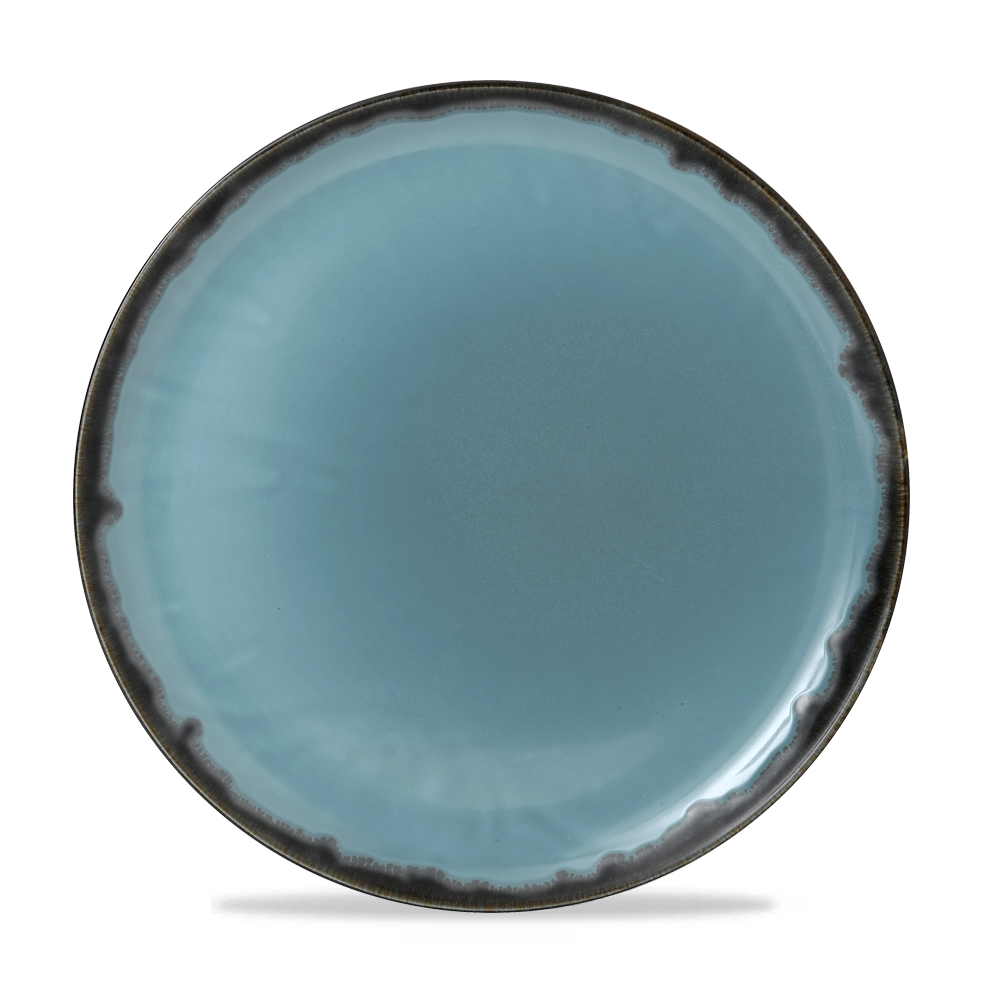Blauer Teller mit dunklem Rand.