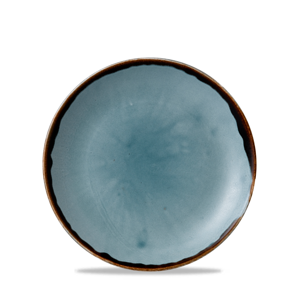 Blauer Teller mit dunklem Rand.