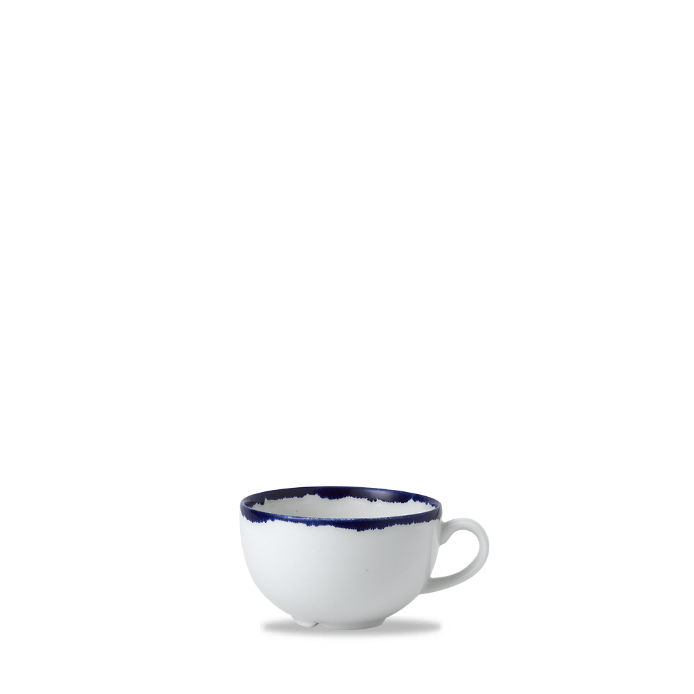 Weiße Tasse mit blauem Rand.