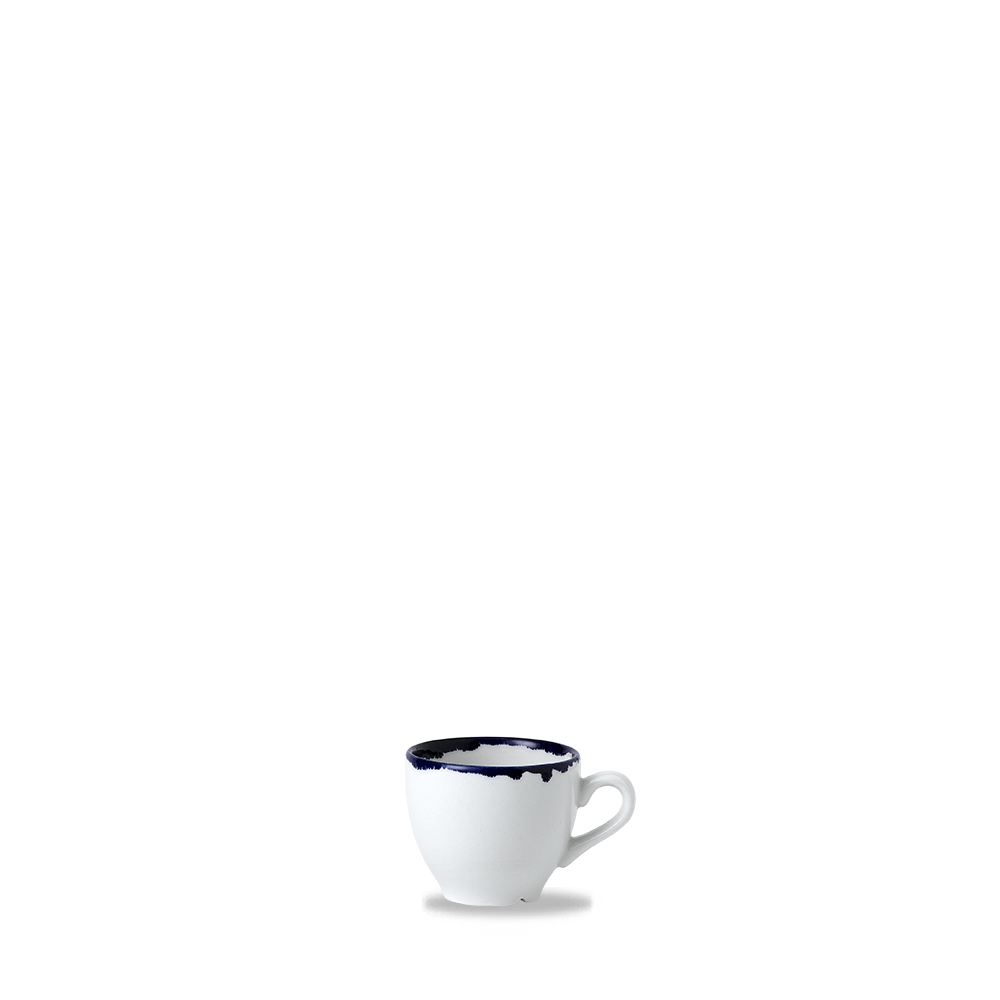 Weiße Tasse mit blauem Rand.