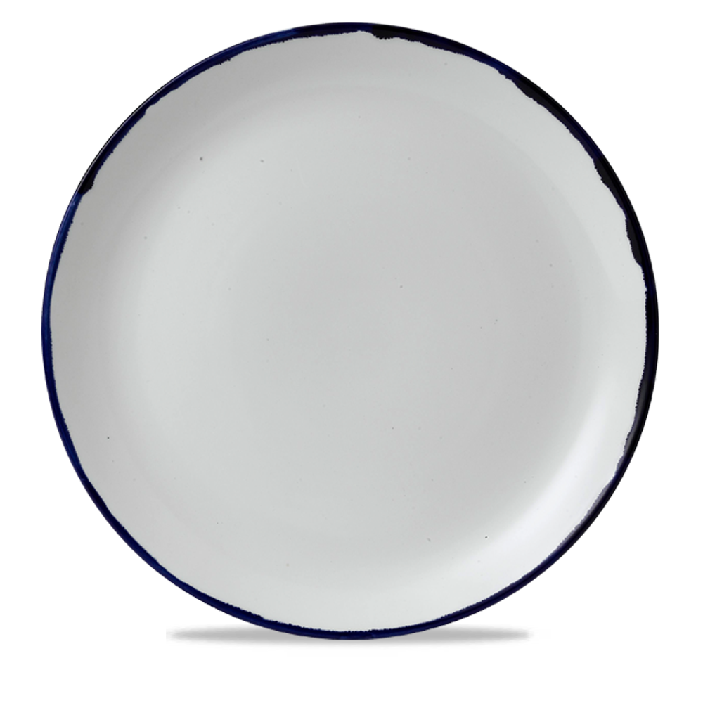 Weißer Teller mit blauem Rand.