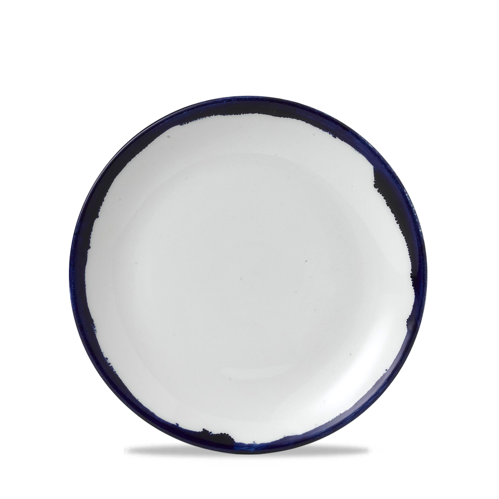 Weißer Teller mit blauem Rand.