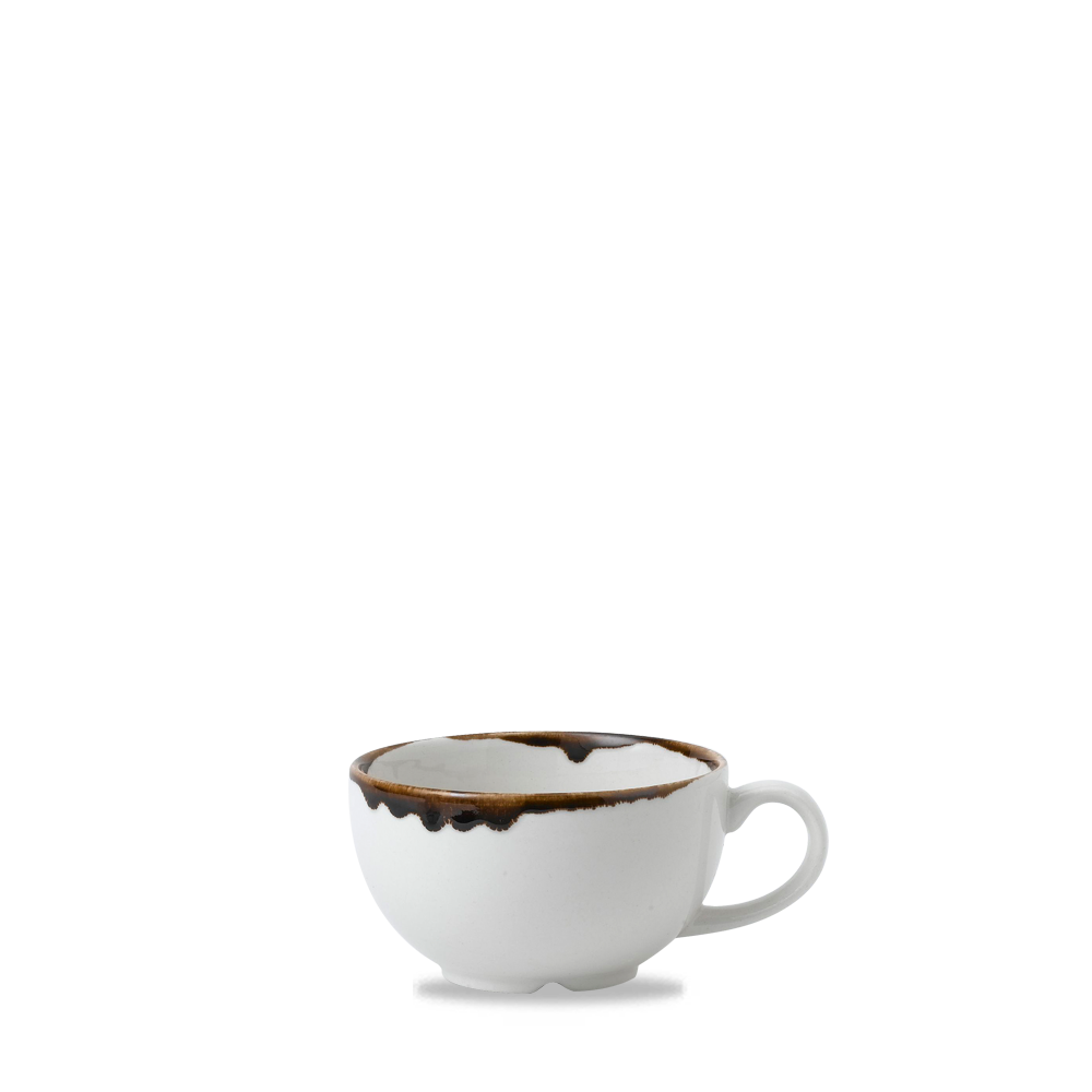 Weiße Tasse mit braunem Rand.