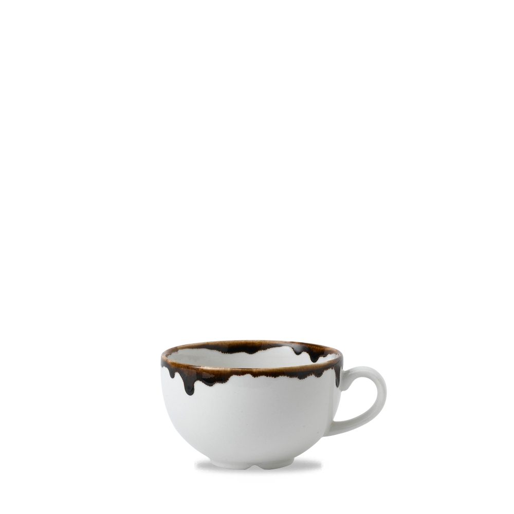 Weiße Tasse mit braunem Rand.