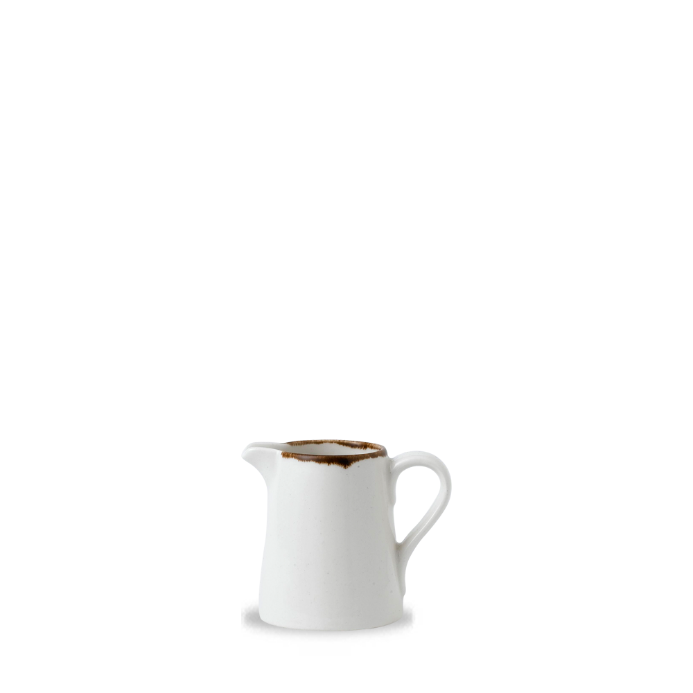Weißer Krug mit braunem Rand.
